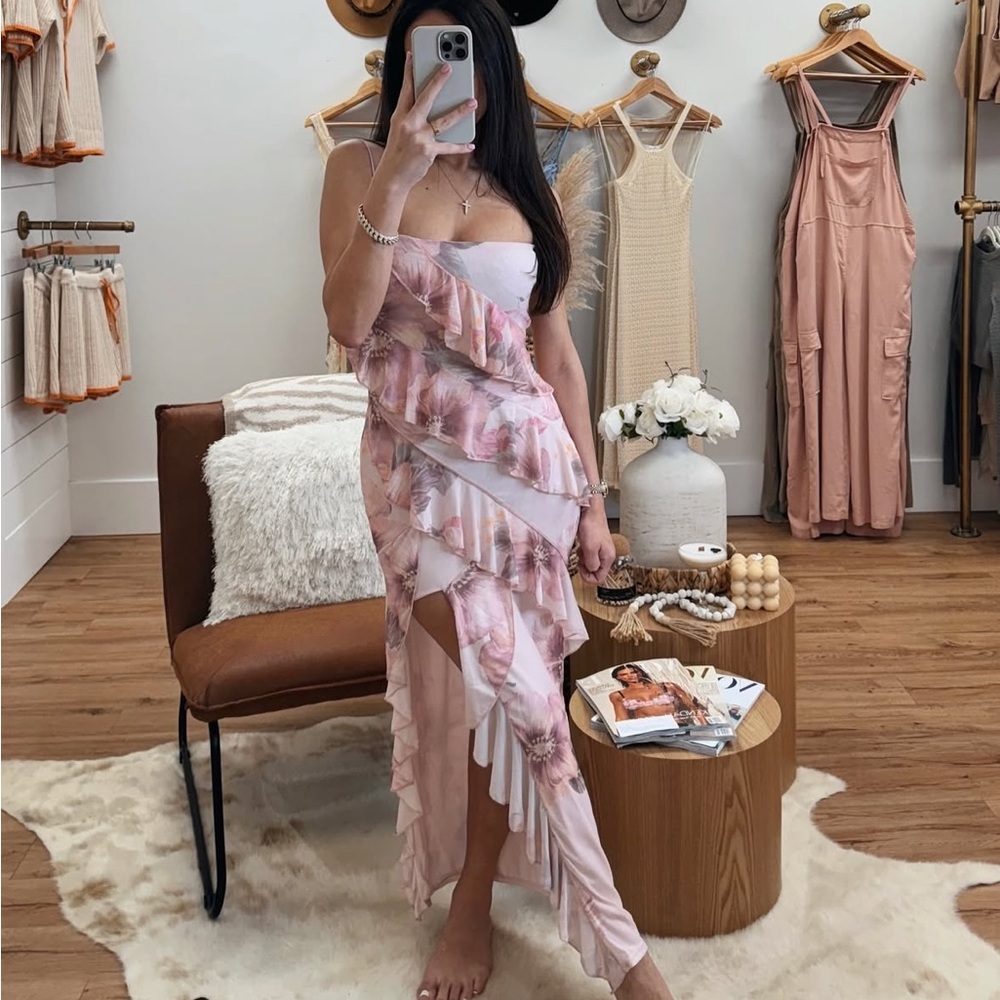 Blush Pink and White Asymmetrical Ruffled Sundress